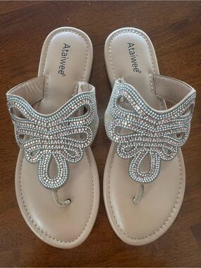 Ataiwee Women's Bejeweled Beige Thong Sandals